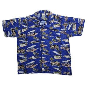 Vtg Ocean Current Camp Shirt Mens L Palm Tree Aloha Hawaiian Button Up SS Blue